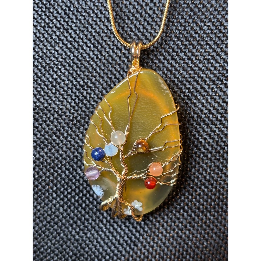 Tree of Life Yellow Agate Chakra Pendant Necklace Gold Tone Snake Chain 20in